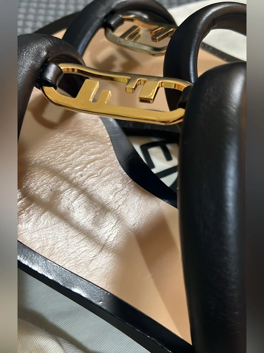 Fendi Black Leather Sandals with Gold Logo Accent